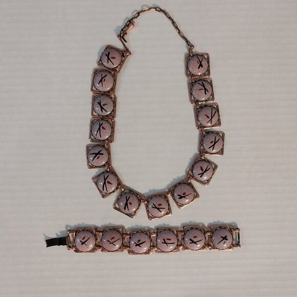 Vintage Copper Necklace And Bracelet Set Pink Enamel Mid Century Modern - Picture 1 of 5